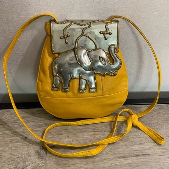 HANDMADE Metal Top YELLOW Leather ELEPHANT Framed BOHEMIAN Artisan MINI PURSE - Picture 3 of 4